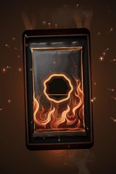 A pack on the rip screen, its wax seal burning open in a ring of embers.